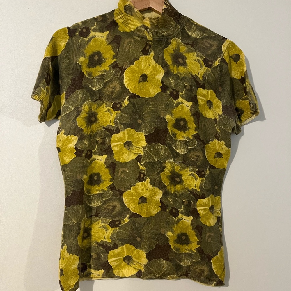 Vintage Yellow and Brown Mock Turtleneck Floral Top by Cache, Size Large